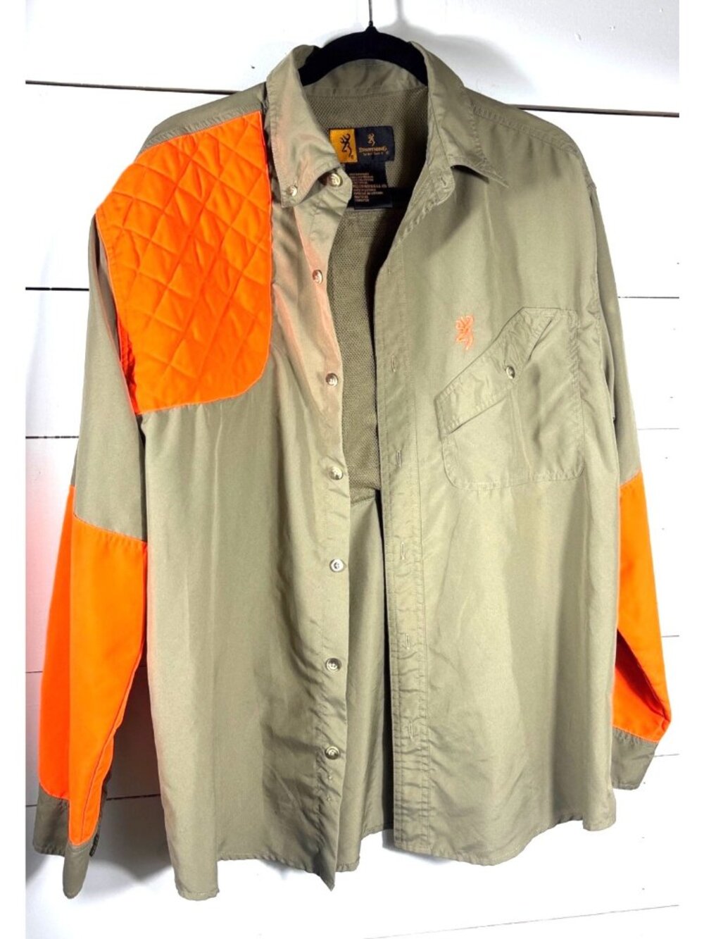 Browning Mens Hunting Shirt Medium Olive & Blaze Orange Quilted Overlay Polyeste - Picture 7 of 8